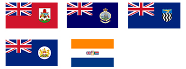 1964年当時の国旗。左上から、バミューダ、バハマ、北ローデシア、香港、南アフリカ。