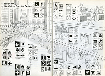 イラストで書籍に掲載された“図記号の世界”(「目でみることばの世界」一般財団法人日本規格協会/1983年 より)