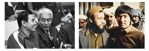 左：八田一朗氏（右）と笹原正三氏（1964年）右：アフガニスタンのカブール大学の教え子たちと