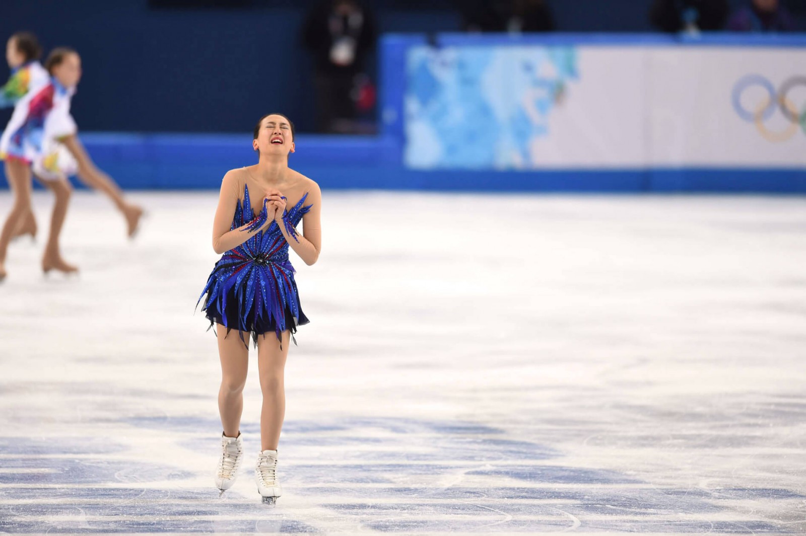 A welling up of emotion brings tears to Asada’s eyes after her free skate at Sochi 2014. 