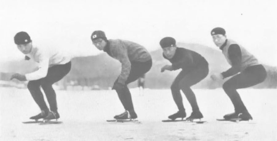 1932年レークプラシッド冬季大会スピードスケート日本代表。左から、木谷徳雄、石原省三、潤間 留十、河村泰男