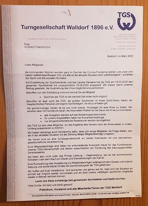 スポーツクラブTGS-Walldorfから配布された手紙