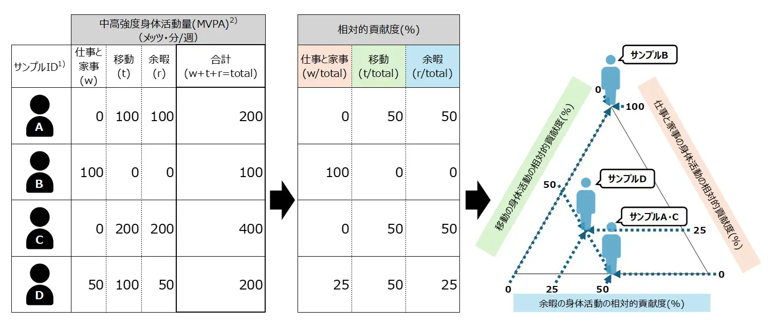 図表1　領域別身体活動の相対的貢献度と三角プロットのイメージ