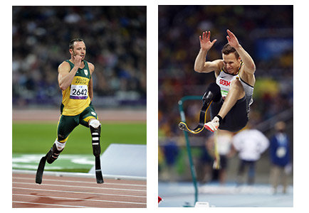 左：南アフリカのオスカー・ピストリウス（2012年ロンドンパラリンピック） 右：走幅跳で連覇を果たしたドイツのマルクス・レーム（2016年リオパラリンピック）