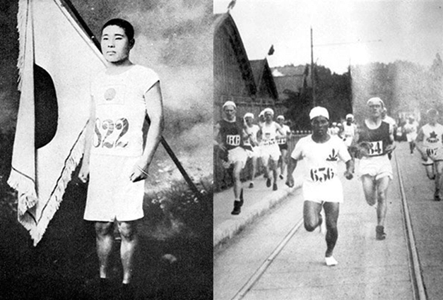 日本初のオリンピック代表選手である金栗四三。箱根駅伝の誕生に尽力した。右は1924年パリ大会のマラソンで、元気よく飛び出した金栗（写真：フォート・キシモト）