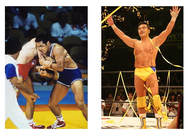 ロサンゼルスオリンピックに日本代表として出場（1984年）<br>（右）プロレスラーとして活躍