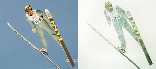 右:開催がかかった2本目のテストジャンプ。悪天候中123mを飛んだ(1998年)