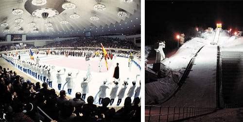 左：1972年札幌オリンピックでフィギュアスケートと閉会式が行われた真駒内屋内競技場　右：1972年札幌オリンピックでジャンプ競技が開催された大倉山シャンツェ