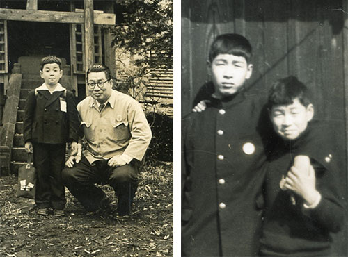 左：小学校入学のころ、父と  右：兄（左）と