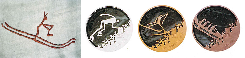 左：【図1】「最古のスキーヤー」右：【図2】リレハンメル大会のメダルの裏側に描かれた競技ピクトグラム